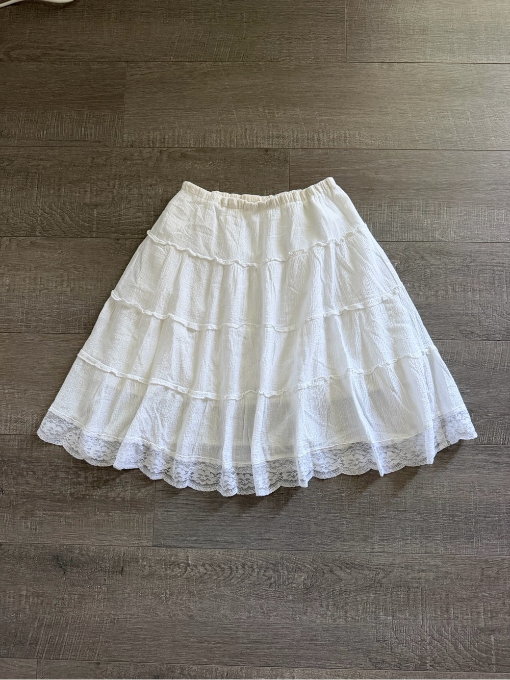 White Tiered Midi Skirt with Lace Trim